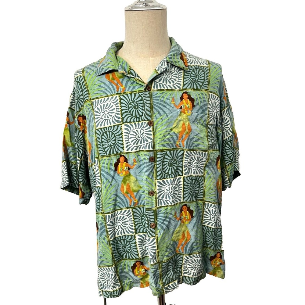 Tommy Bahama Men's L Hawaiian Aloha Shirt 100% Silk Hula Girl Retro Loop Collar